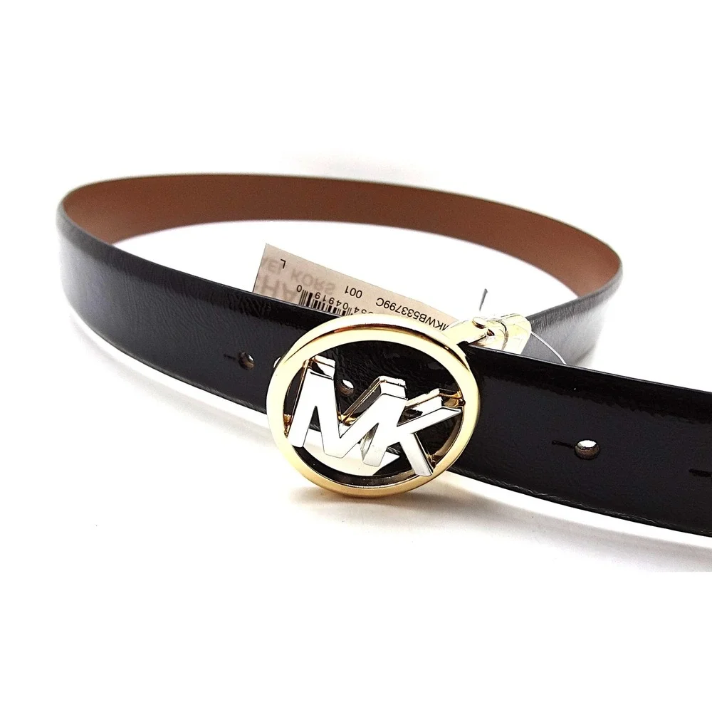 NWT - Michael Kors Reversible Belt Black Brown Gold MK Logo Buckle Large